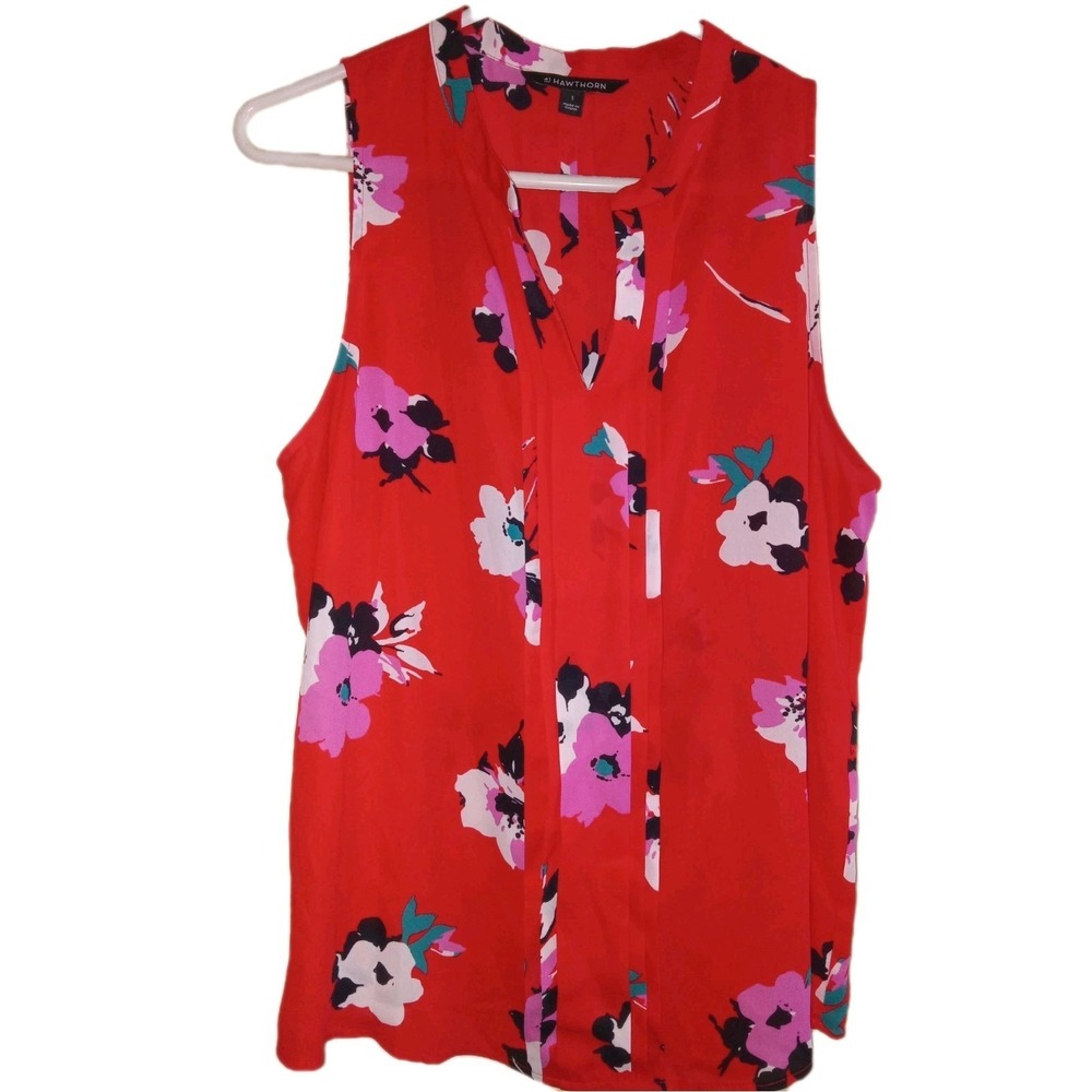 41 Hawthorn Stitch fix Womens‎ Red floral top size L Pleated Detail Split Neck